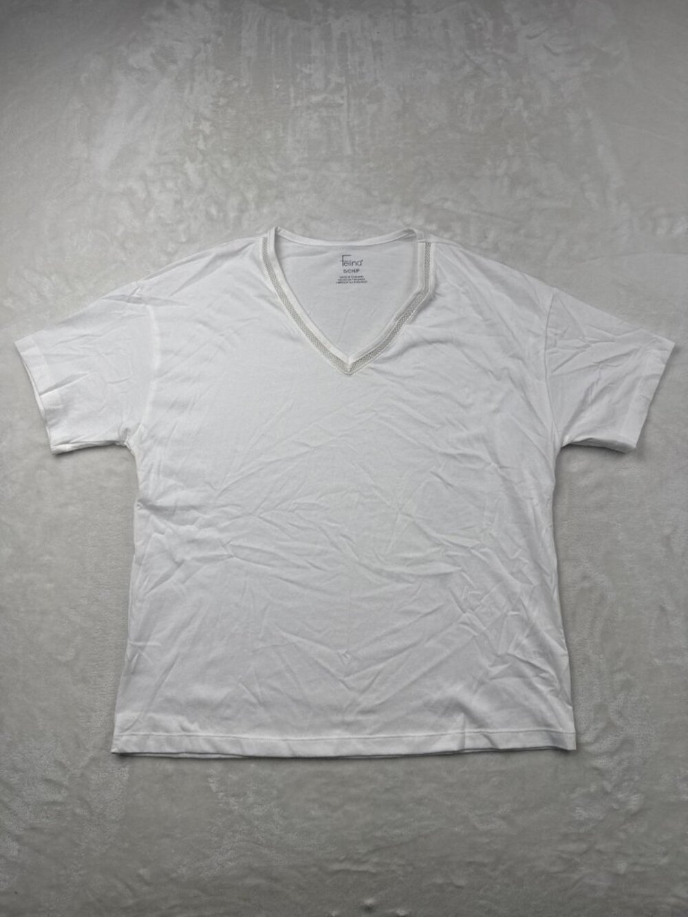 Felina White V-Neck T-Shirt With Mesh Trim - 100% Cotton - Size S